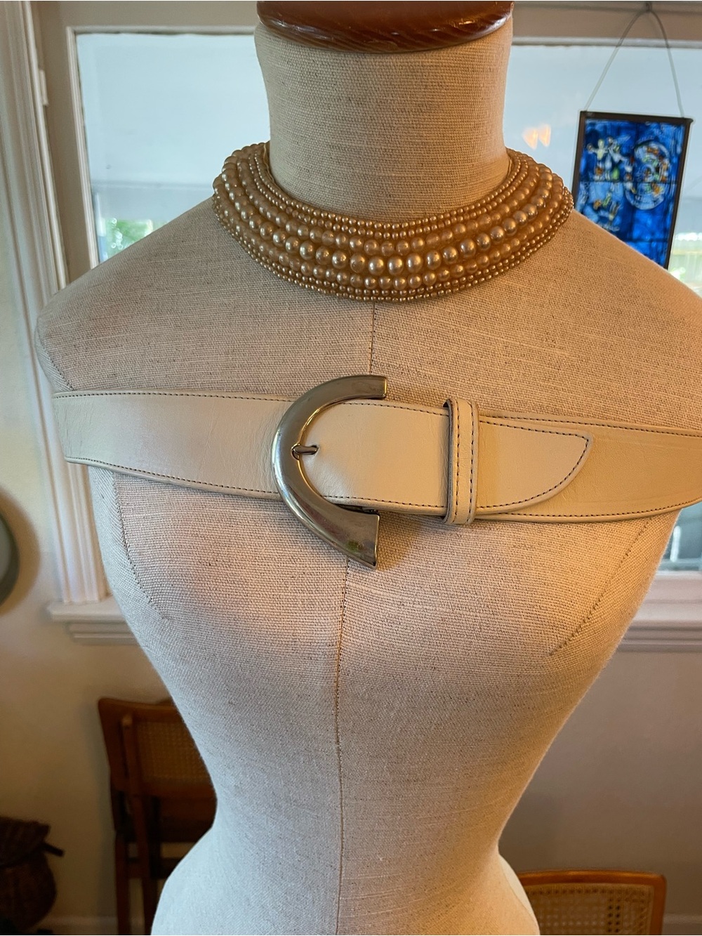 Cream Leather Wide Belt with Curved Silver Buckle